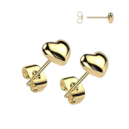 Heart earrings made of gold plated 316L surgical steel with puffy heart shaped studs and push backs.