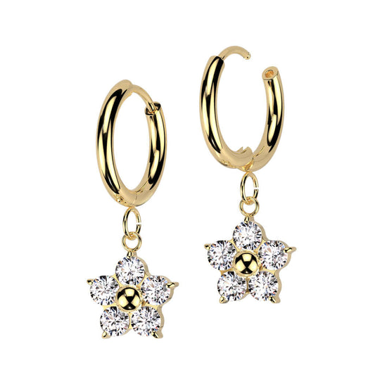 Hoop earrings made of gold plated 316L surgical steel with CZ flower dangle for elegant style.