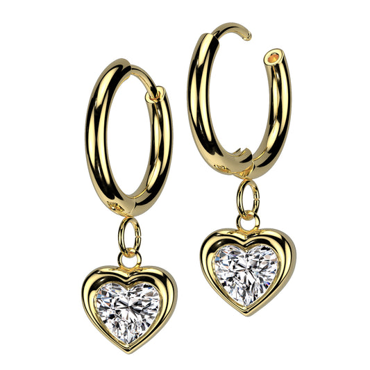 Heart hoop earrings with gold finish and sparkling cubic zirconia heart charms, perfect for sophisticated style.