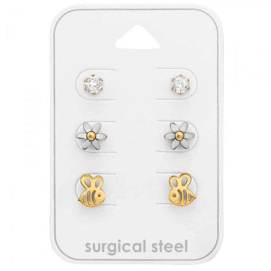 Children's Earrings:  Surgical Steel Set of 3 Prs of Bee, Flower and CZ Stud Earrings - Age 4 - Teens with Gift Box