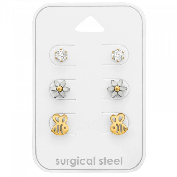 Children's Earrings:  Surgical Steel Set of 3 Prs of Bee, Flower and CZ Stud Earrings - Age 4 - Teens with Gift Box