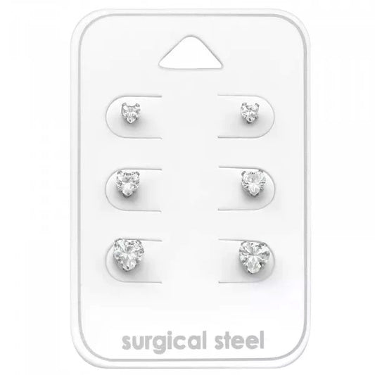 Children's Earrings:  Surgical Steel Clear CZ Hearts x 3 Prs:  2mm, 4mm, and 5mm.  Gift Pack in Gift Box.