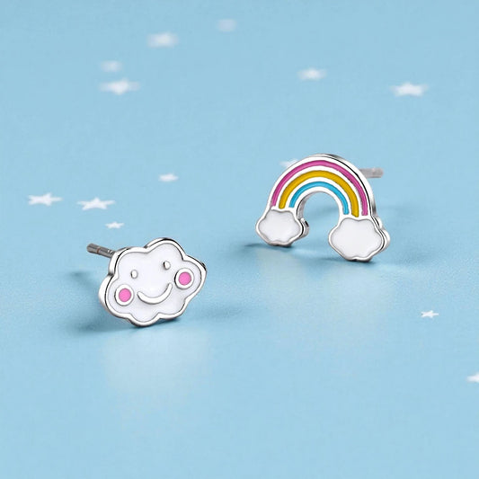 Rainbow cloud earrings showing a smiling cloud and a colorful rainbow, crafted in 925 sterling silver.