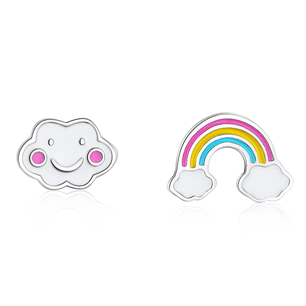 Rainbow cloud earrings featuring vibrant enamel rainbow and smiling cloud design.