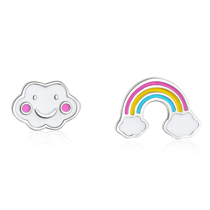 Rainbow cloud earrings featuring vibrant enamel rainbow and smiling cloud design.