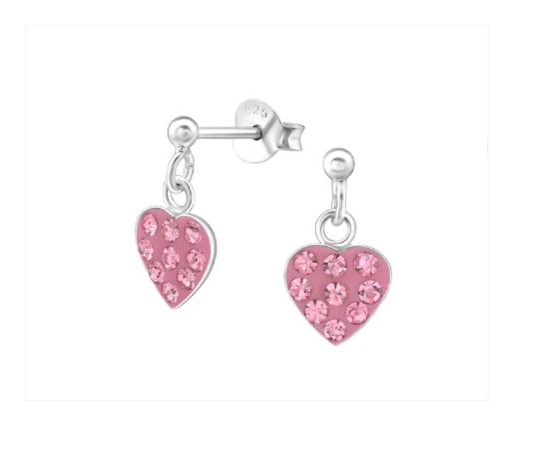 Children's Earrings:   Sterling Silver Pink Sparkly Crystal Heart Drop Earrings
