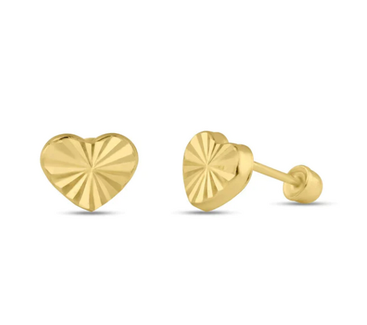 Children's Earrings:  14k Gold Sparkling Sunray Hearts with Screw Backs and Gift Box