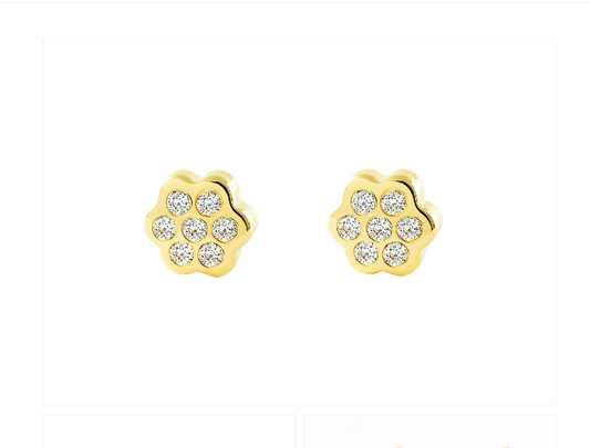 Baby Earrings:  9k Gold Clustered CZ Flower Earrings with Screw Backs and Gift Box