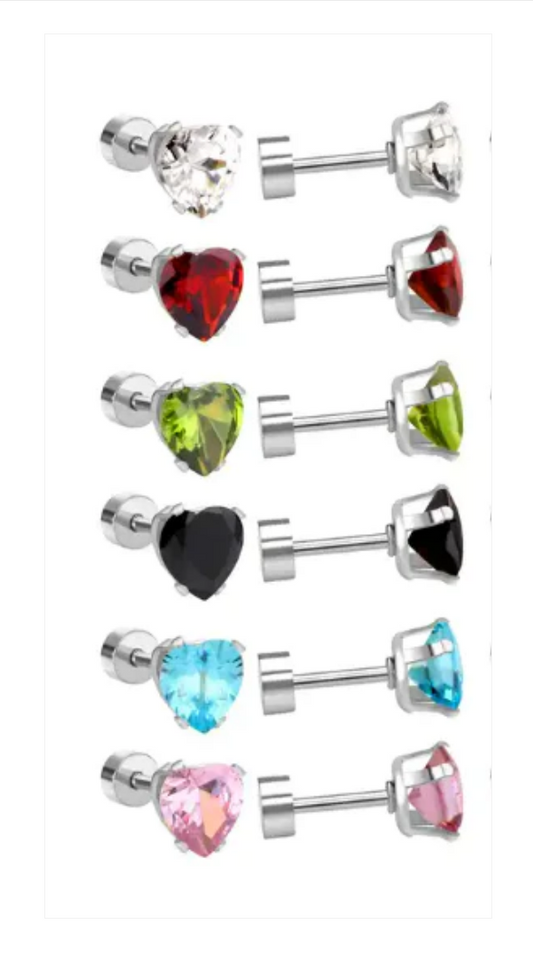 Children's, Teens' and Mothers' Earrings:  Surgical Steel CZ Hearts Set of 6 with Gift Box