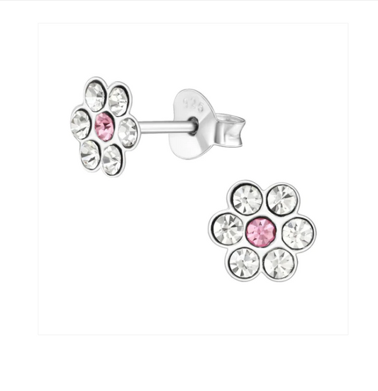 Baby and Children's Earrings:  Sterling Silver. Clear CZ with Pink CZ Centre Flowers