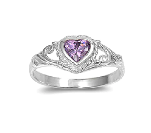 Children's Rings:  Sterling Silver Amethyst CZ Heart Ring Size 6