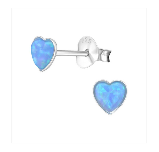 Children's Earrings:  Sterling Silver Lab Opal Heart Earrings