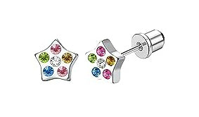 Baby and Children's Earrings:  Hypoallergenic Steel Stars with Colourful CZ, with Screw Backs
