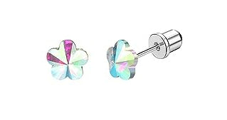 Children's Earrings:  Hypoallergenic Steel, Flowers with Aurora Borealis CZ, with Screw Backs