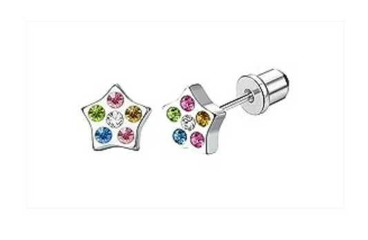 Baby and Children's Earrings:  Hypoallergenic Steel Stars with Colourful CZ, with Screw Backs