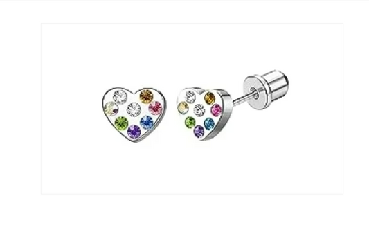 Baby and Children's Earrings:  Hypoallergenic Steel Hearts with Colourful CZ, with Screw Backs