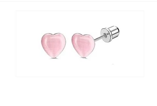 Children's Earrings:  Hypoallergenic Steel, Pink Enamelled Hearts with Screw Backs