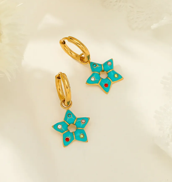 Children's and Teens' Earrings:  Surgical Steel with Gold IP, Star Dangle in Bubblegum Colours (Bright Aqua)