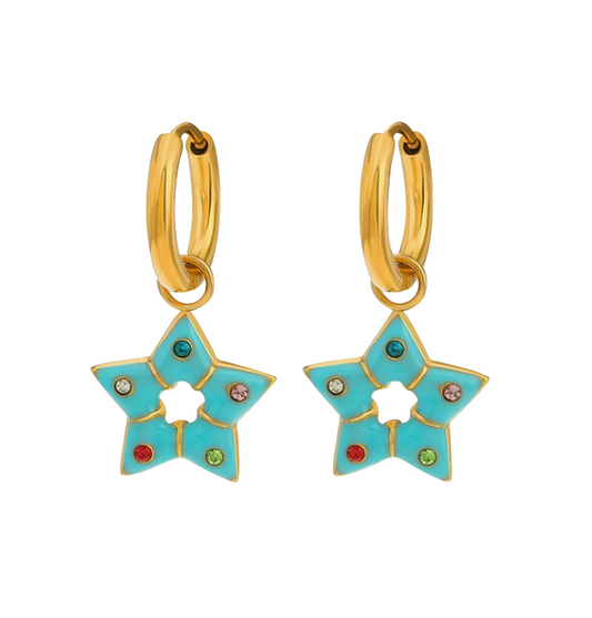 Children's and Teens' Earrings:  Surgical Steel with Gold IP, Star Dangle in Bubblegum Colours (Bright Aqua)