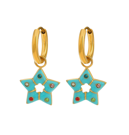 Children's and Teens' Earrings:  Surgical Steel with Gold IP, Star Dangle in Bubblegum Colours (Green)