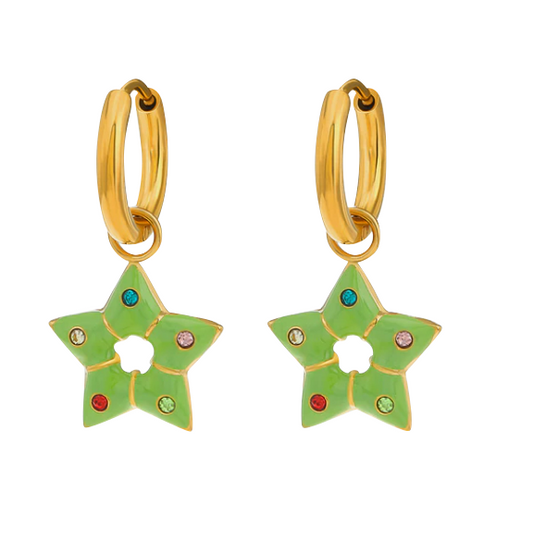 Children's and Teens' Earrings:  Surgical Steel with Gold IP, Star Dangle in Bubblegum Colours (Green)