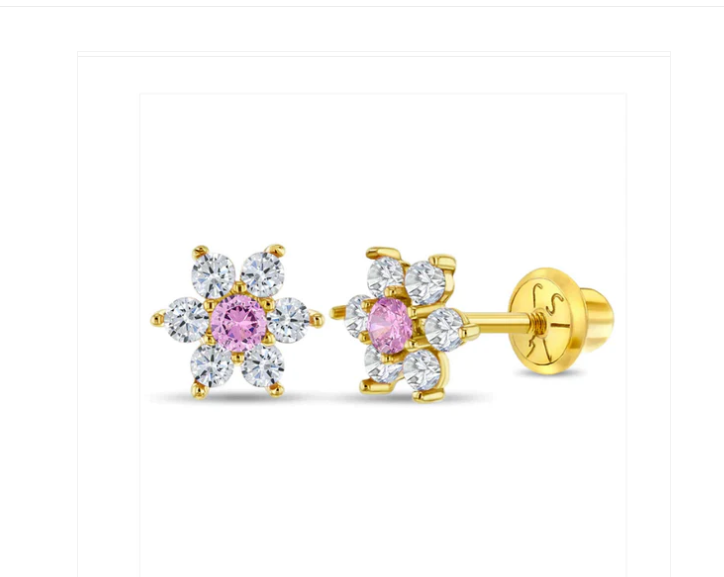 Baby and Children's Earrings:  14k Gold, AAA White and Pink CZ Flowers with Screw Backs with Gift Box