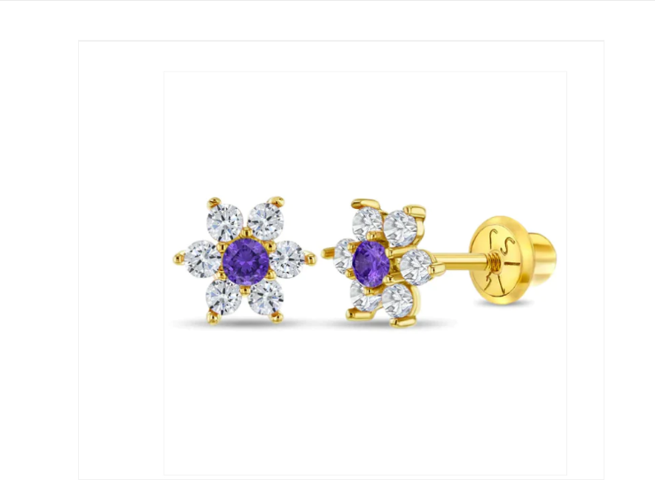 Baby and Children's Earrings:  14k Gold, AAA White and Lavender CZ Flowers with Screw Backs with Gift Box
