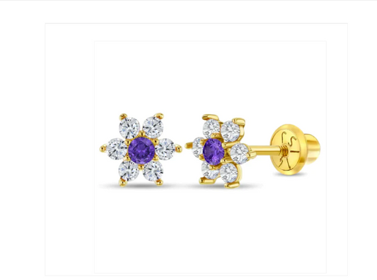 Baby and Children's Earrings:  14k Gold, AAA White and Lavender CZ Flowers with Screw Backs with Gift Box