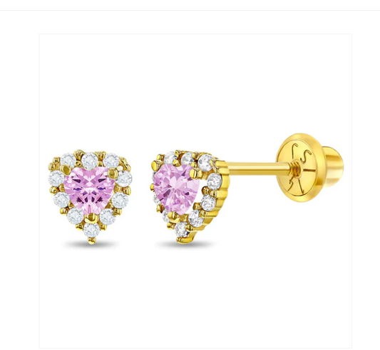 Baby and Children's Earrings:  14k Gold Pink AAA CZ Hearts with Screw Backs and Gift Box