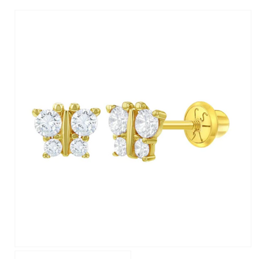 Baby and Children's Earrings:  14k Gold AAA Clear CZ Butterflies with Screw Backs with Gift Box