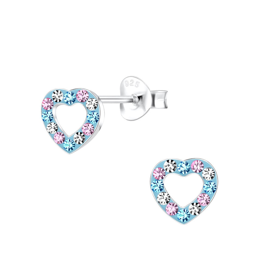 Baby and Children's Earrings:  Sterling Silver Blue, Rainbow Crystal Open Hearts