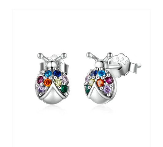 Children's Earrings:  Sterling Silver Multicoloured CZ Ladybugs with Push Backs