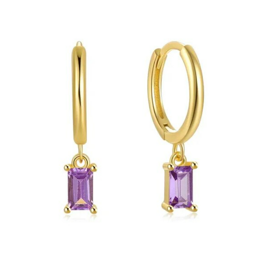 Children's, Teens' and Mothers' Earrings:  14k Gold over Sterling Silver 12mm Hoops with Dark Lavender CZ Baguette Charms