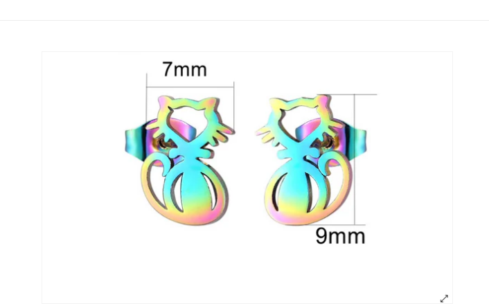 Children's and Teens' Earrings:  Surgical Steel, Hypoallergenic, Rainbow Cat Earrings Age 8 - Adult