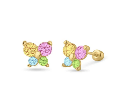 Baby and Children's Earrings:  14k Gold Soft Rainbow CZ Butterflies with Screw Backs and Gift Box