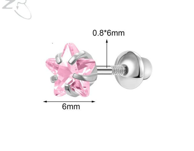 Children's Earrings:  Hypoallergenic Surgical Steel Pink CZ Stars with Screw Backs