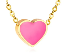 Children's Necklaces:  Steel with Gold IP Enamelled Pink Heart Necklaces - 42cm