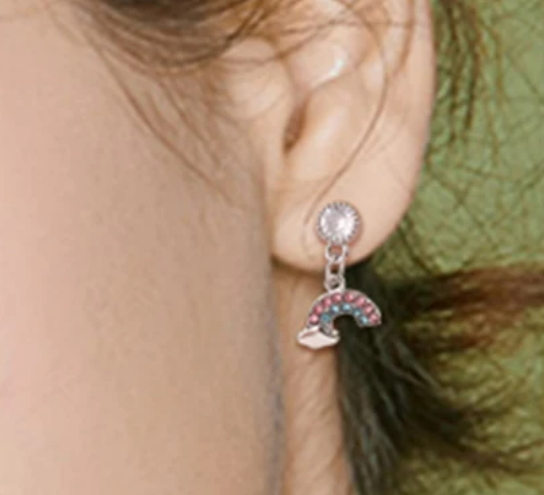 Children's Earrings:  Surgical Steel, Clear CZ Stud with Pink and Blue CZ Rainbow/Cloud Dangles