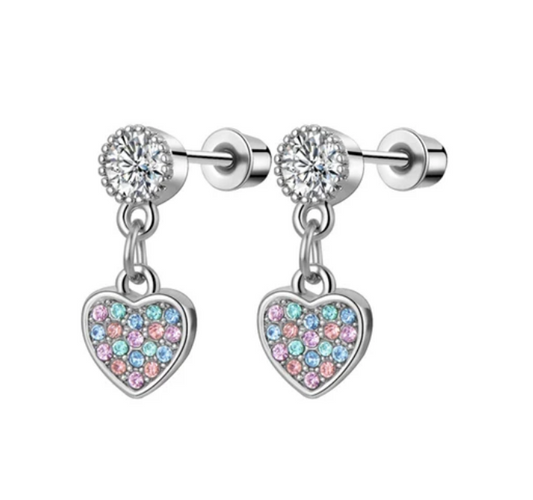 Children's Earrings:  Surgical Steel, Clear CZ Stud with Pink and Blue CZ Heart Dangles