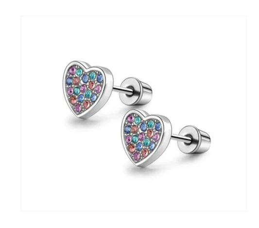 Children's and Teens Earrings:  Hypoallergenic Steel Hearts with Pink and Blue CZ and Screw Backs