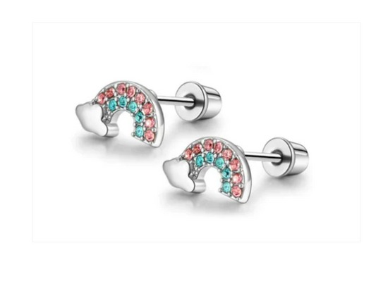 Children's and Teens Earrings:  Hypoallergenic Steel Rainbows with Pink and Blue CZ and Screw Backs