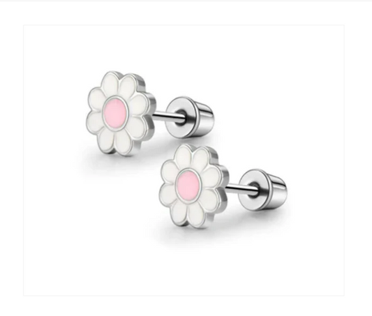 Children's and Teens Earrings:  Hypoallergenic Steel White and Pink Enamel Daisies with Screw Backs