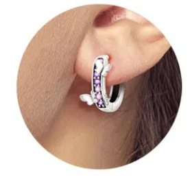 Children's Earrings:  Sterling Silver Pink/Purple CZ Huggies with Butterflies 6 - teens