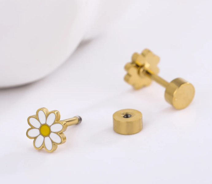 Children's Earrings:   Surgical Steel with 18k Gold IP, White with Yellow Daisies with Screw Backs