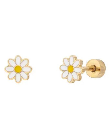 Children's Earrings:   Surgical Steel with 18k Gold IP, White with Yellow Daisies with Screw Backs