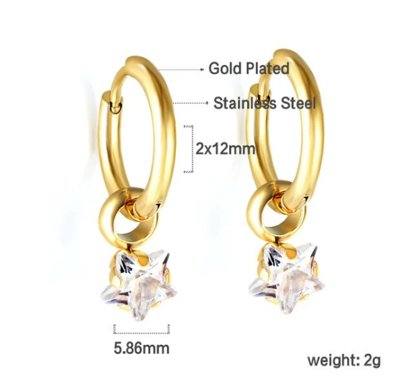 Children's, Teens' and Mothers' Earrings:  Steel (316) with Gold IP, 12mm Hoops with Clear CZ Stars