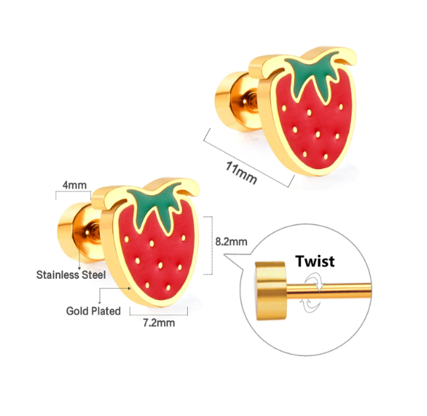 Children's Earrings:  Surgical Steel, Gold IP, Strawberries with Screw Backs