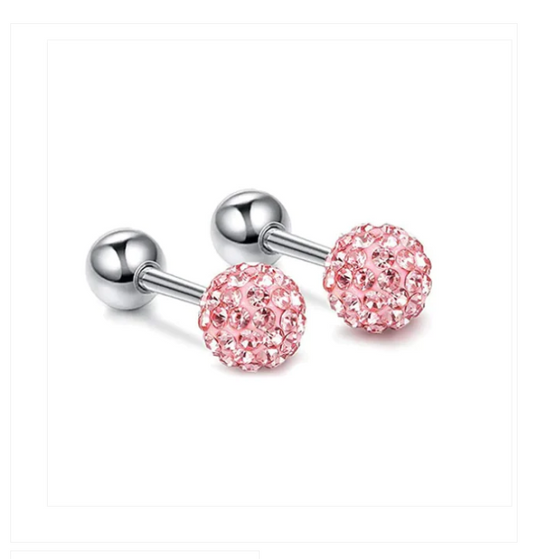 Baby and Children's Earrings:  Surgical Steel, Reversible Pink Crystal Ball Earrings with Screw Backs