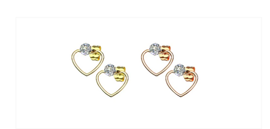 Children's, Teens' and Mothers' Earrings:  Set of 2 Pairs of Surgical Steel, Rose Gold IP and Yellow Gold IP Open Hearts with CZ