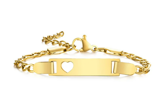 Baby and Children's Bracelets:  Steel with Gold IP Engravable Bracelets with Cut Out Heart Age 3 Months to 5 Years